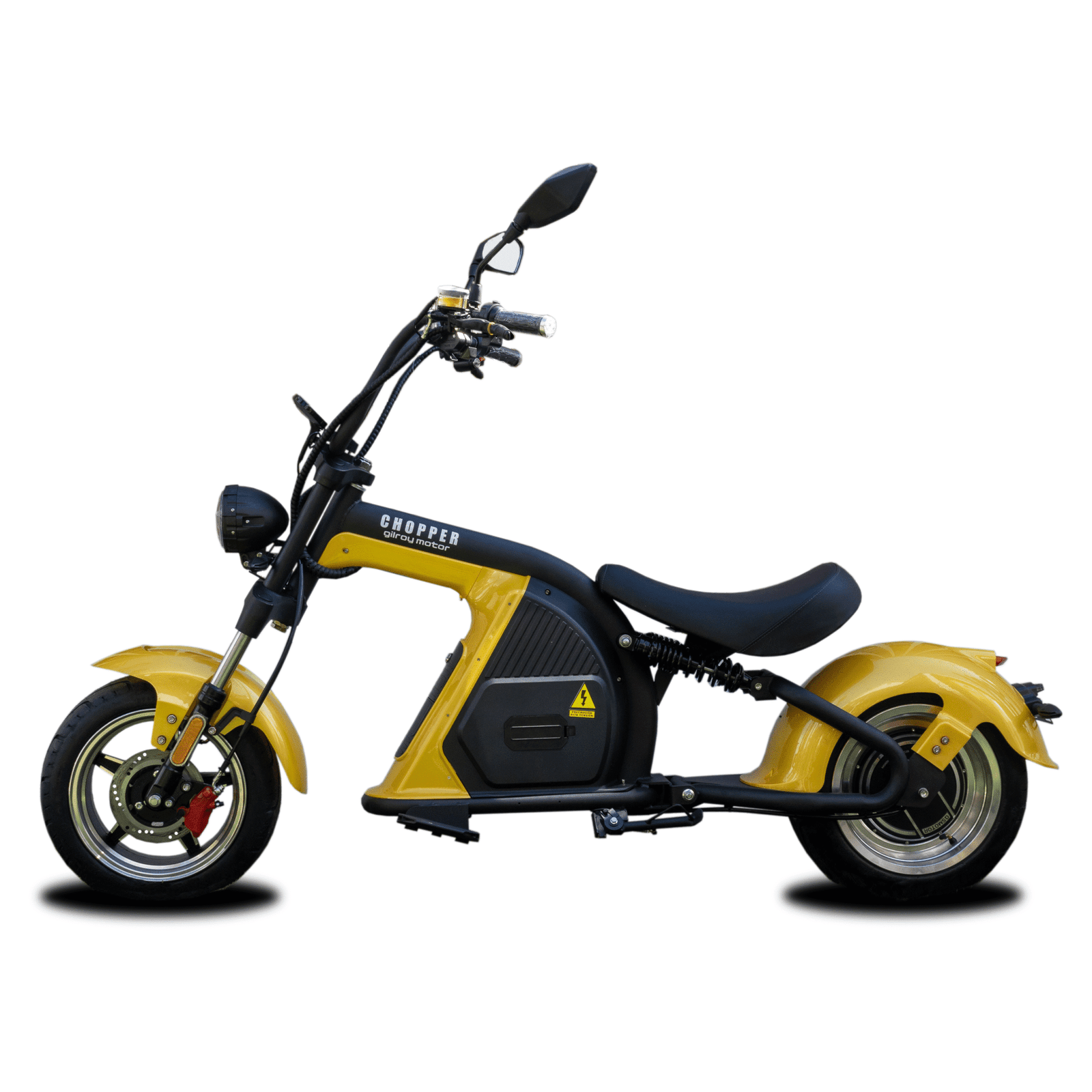 Moto eléctrica Chopper 1500 W amarilla, vista lateral izquierda completa